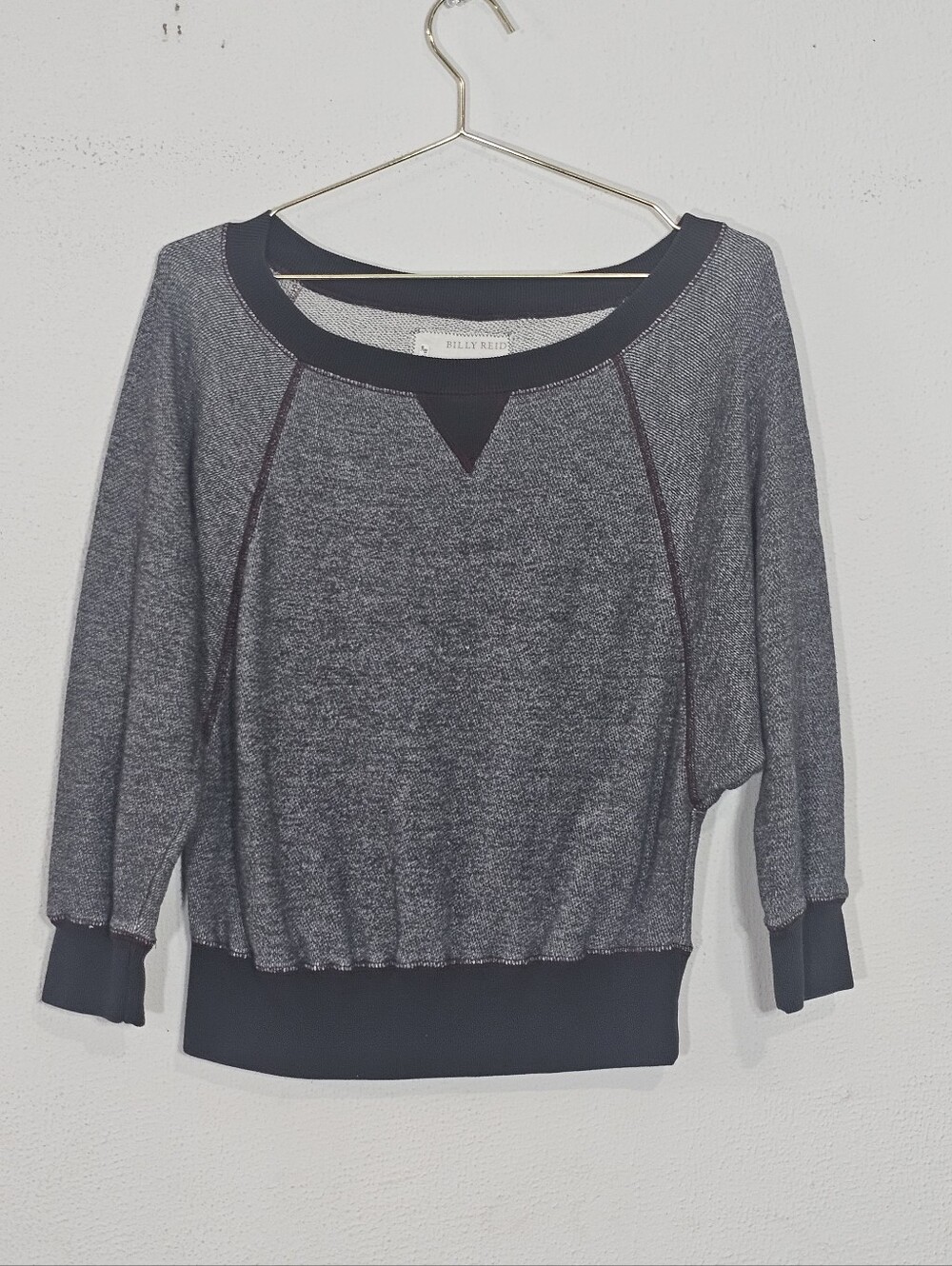 Billy Reid Gray Scoop Neck Pullover Sweater  with Navy Trim Sz M Relaxed
